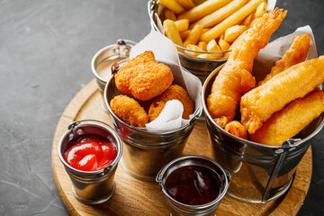 delicious hot snacks of fries shrimp and nuggets