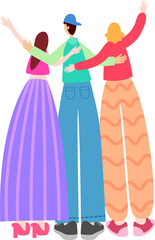 Friends from behind. Hugging happy characters back view. Friendship illustration with boy and girls standing together.