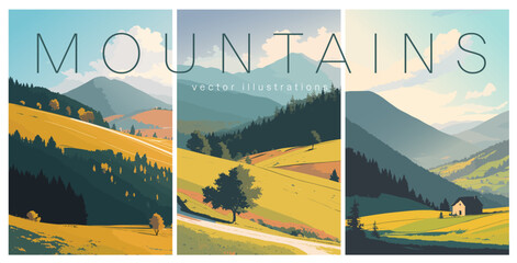 Mountain forest landscape collection, flat colors vertical poster. Mountain adventure and travel template design. Vector illustration
