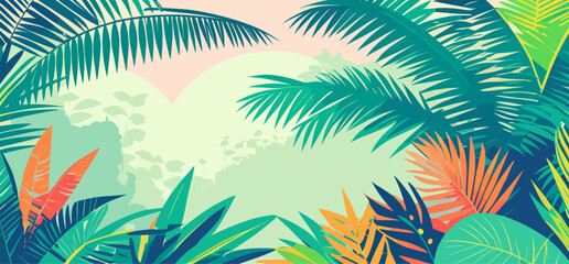 Colorful tropical forest landscape, flat colors panoramic banner. Tropical vacations template design. Vector illustration
