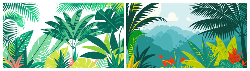Colorful tropical forest landscape, flat colors panoramic banner. Tropical vacations template design. Vector illustration