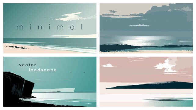 Minimalistic sea ​​shore scenery collection, flat colors panoramic banner. Summer adventure and travel template design. Vector illustration
