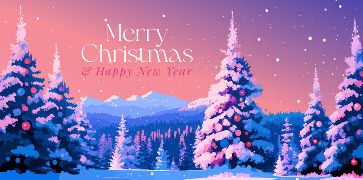 Merry Christmas, winter scenery, flat colors typography banner. Winter holidays background. Vector illustration for social, banner, invitation or card