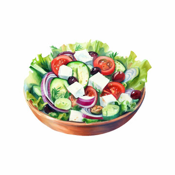 Watercolor hand painted Greek salad on a plate isolated on white background. Vector illustration