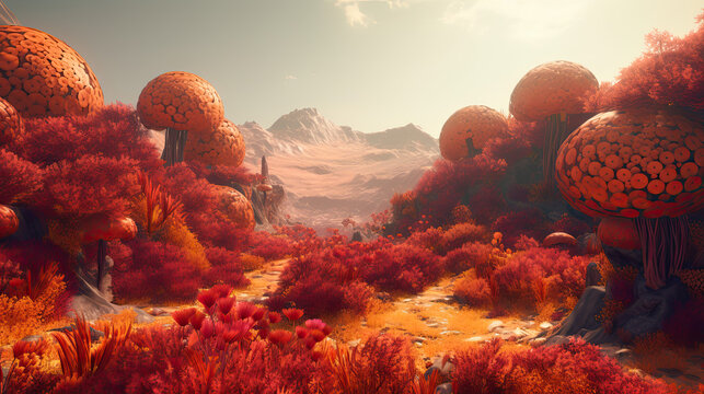 Red and orange landscape on alien planet. Generative AI image. 
