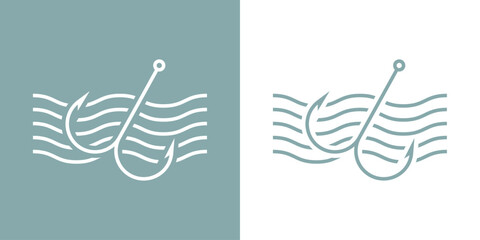 Logo de pesca. Anzuelo doble de pesca lineal con olas de mar © teracreonte