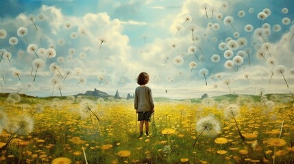 Young boy dreaming about windy dandelion field