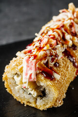 warm sushi roll hot dog in panko breadcrumbs
