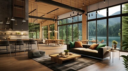 Fototapeta premium a modern and luxurious open-plan living room and kitchen interior with a view of a lake and alpine landscape, lodge style, AI rendered