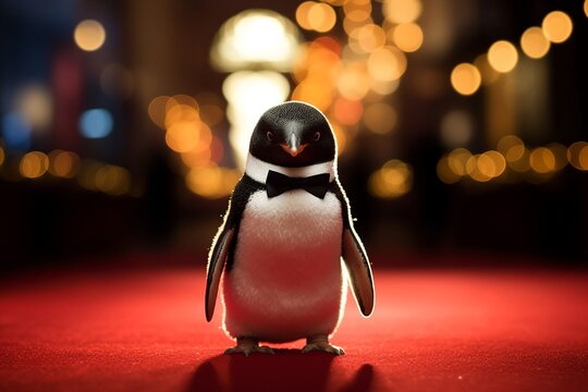 Black-tie bird! A comical portrait of a penguin dressed to the nines in a tuxedo, exuding sophistication and elegance with a posh event venue or red carpet