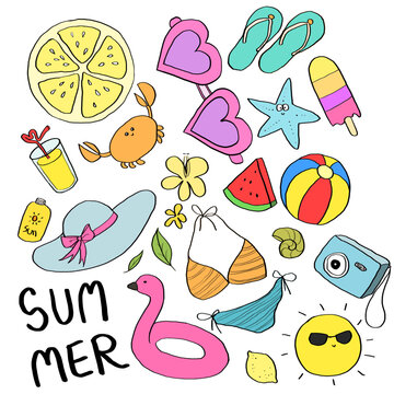 seamless pattern with accessories,colorful seamless pattern with summer doodles on white background for textile prints, Summer cute icon set. Sun and sea enjoyment, amusement