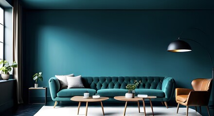 Fototapeta Empty wall, mockup. Interior of modern living room with turquoise walls, turquoise sofa, coffee table and armchairs. Generative AI. obraz