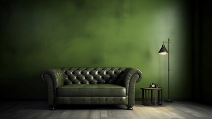Empty wall, mockup.  Luxury sofa in green room with floor lamp and floor lamp. Generative AI - obrazy, fototapety, plakaty