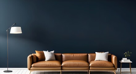 Fototapeta Empty wall, mockup. Interior of modern living room with dark blue walls, sofa, coffee table and armchairs. Generative AI. obraz