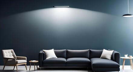 Empty wall, mockup. Interior of modern living room with blue walls, blue sofa, coffee table and armchairs. Generative AI.