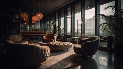 Interior of modern living room with brown leather sofa and coffee table, big windows, in the background a panorama of the city. Generative AI - obrazy, fototapety, plakaty