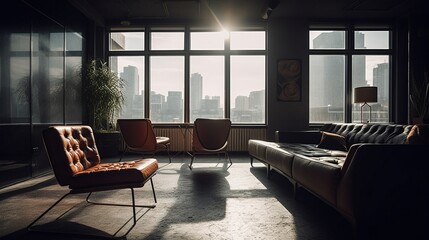 Interior of modern living room with brown leather sofa and coffee table, big windows, in the background a panorama of the city. Generative AI