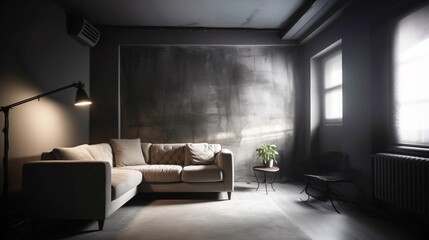 Empty wall, mockup, Interior of modern living room with gray walls, concrete floor, comfortable sofa and armchair. Generative AI. - obrazy, fototapety, plakaty