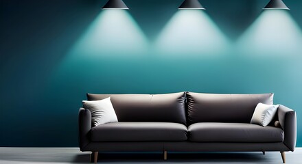 Fototapeta Empty wall, mockup. Interior of modern living room with blue walls, blue sofa, coffee table and armchairs. Generative AI. obraz