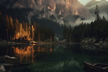 dolgell lake, dolomites, italy, in the style of light gray and dark brown, vintage aesthetics, dotted, nature-inspired installations, 3840x2160, dark green and amber, dreamy and romanti