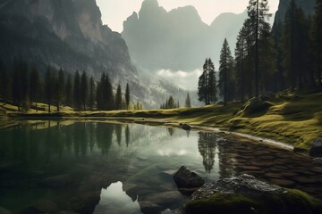 dolgell lake, dolomites, italy, in the style of light gray and dark brown, vintage aesthetics, dotted, nature-inspired installations, 3840x2160, dark green and amber, dreamy and romanti