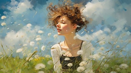Young girl dreaming about windy dandelion field, Generative AI