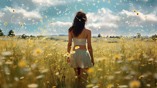 Young girl dreaming about windy dandelion field, Generative AI
