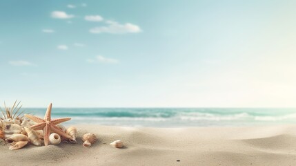 Fototapeta na wymiar Sandy beach vacation themed background, with empty copy space, Generative AI