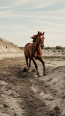 Fototapeta na wymiar Horse running free on a sandy dirt road, Generative AI