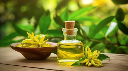 Aroma oil ylang ylang on a wooden background. Glass bottle with ylang ylang oil and ylang ylang flowers. Close-up, macro. Generative AI