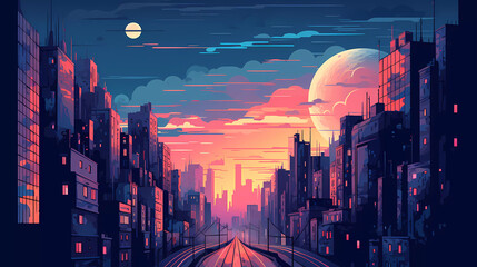 city ​​street illustration at night dusk
