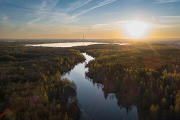 Plakat Sunset over Maardu's quarry in spring. Drone view.