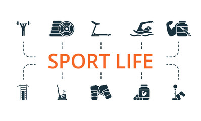 Sport life set. Creative icons: workout, weight plates, treadmill machine, swim, steroids, swedish wall, stationary bike, training gloves, supplement, standing punching ball.