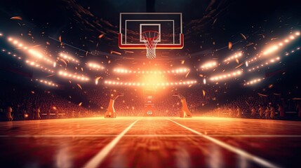 A basketball court with a ball in motion and stadium lights. Generative AI 