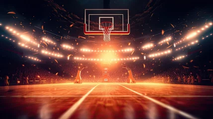 Tuinposter A basketball court with a ball in motion and stadium lights. Generative AI  © Mockup Station