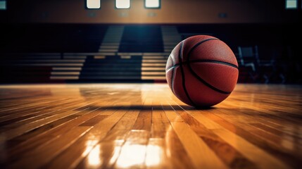 A close-up of a basketball on a basketball court's hardwood floor. Generative AI 