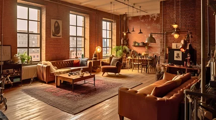 Foto op Canvas An Art Deco-style loft apartment with a bird's eye view perspective, The shot features the living area with an exposed brick wall, and a leather sofa, Created with generative Ai Technology.  © Roberto