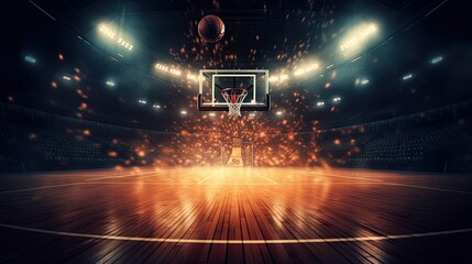 A basketball court with a ball in motion and stadium lights. Generative AI  - obrazy, fototapety, plakaty