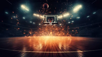 Poster A basketball court with a ball in motion and stadium lights. Generative AI  © Mockup Station