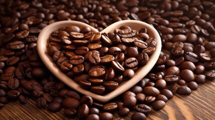 Coffee beans are beautifully arranged in a heart shape on a wooden bowl. Generative AI
