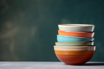 Stack of ceramic bowls of different colors, copyspace. Generative AI