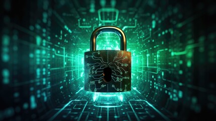 A cybersecurity lock symbol protecting digital information. Generative AI 