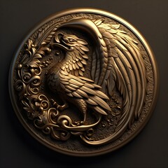 Golden coin with magical phoenix bird. Generative AI