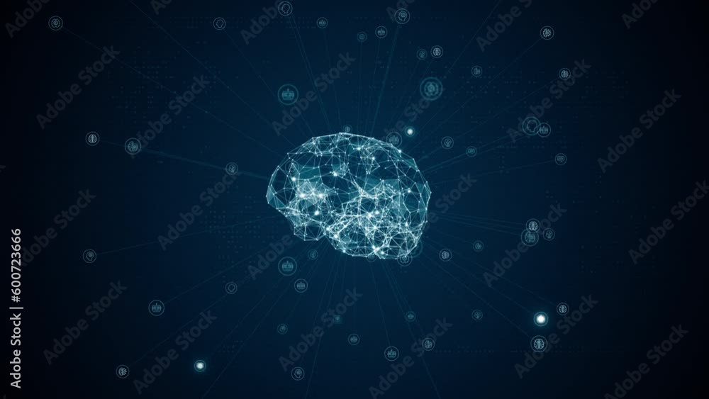 Poster motion graphic of blue polygon digital brain logo with grid line and ai technology icon rotation on 