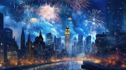 A happy New Year celebrations with fireworks and cityscape. Generative AI 