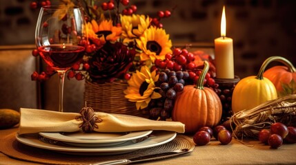A happy Thanksgiving table setting with autum decorations. Generative AI 