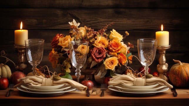 A happy Thanksgiving table setting with autum decorations. Generative AI 