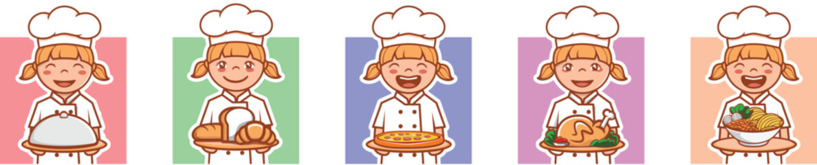 Smiling Girl Cute Kitchen Chef Hat cartoon holding a tray of various food dishes baguitte, white bread, croissant, pizza, roast chicken, noodles character logo character mascot illustration vector