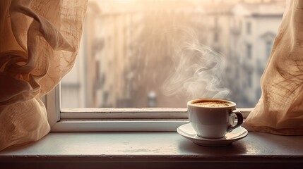 Fototapeta na wymiar A steaming cup of coffee against a window glass. Generative AI 