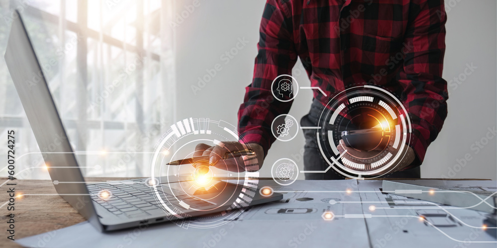Poster building information modeling technology concept, engineer working on office desk with icon on vr sc